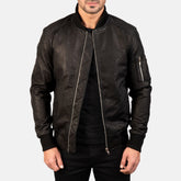 Distressed Black Leather Bomber Jacket